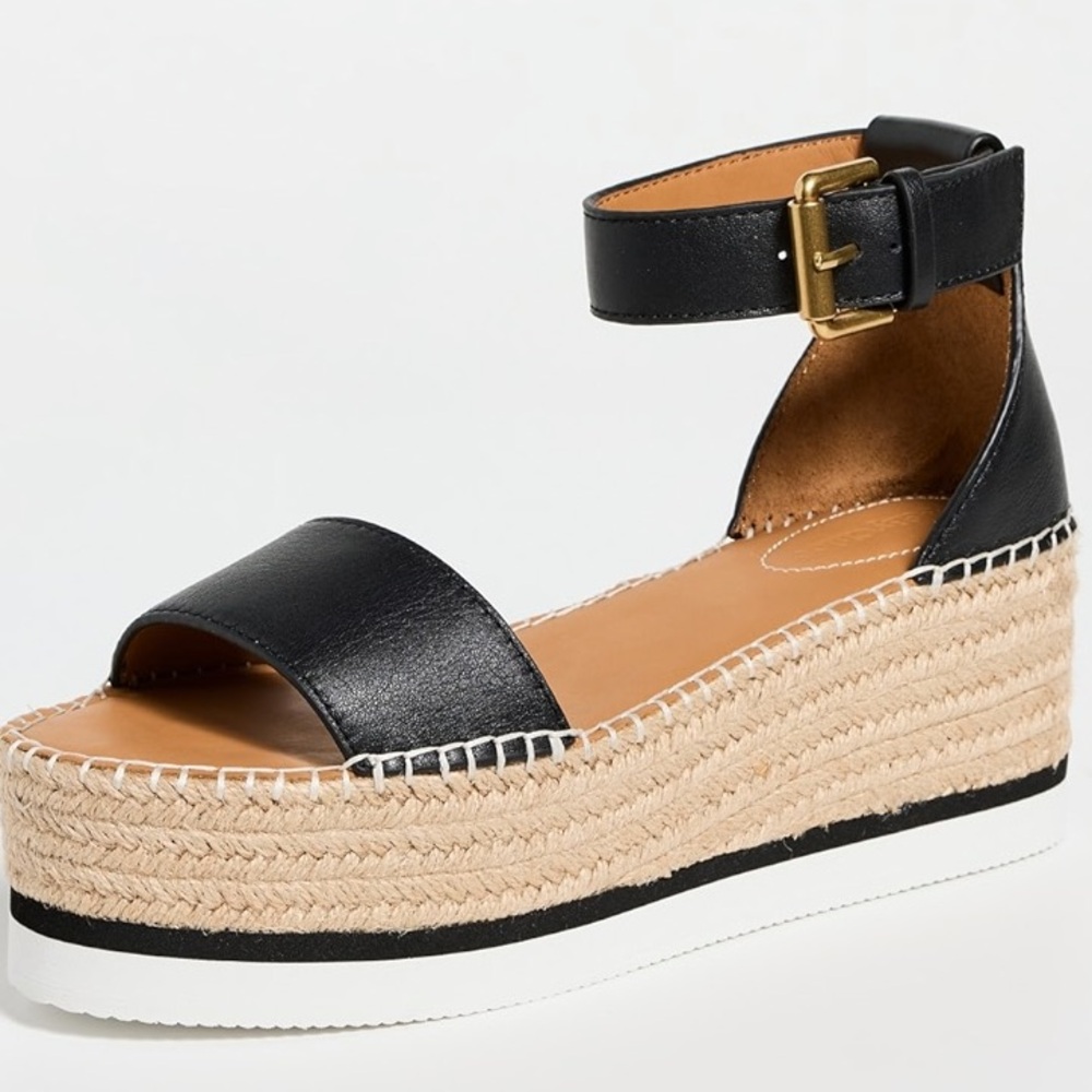 See By Chloe Glyn Platform Espadrilles Sandal Black Leather